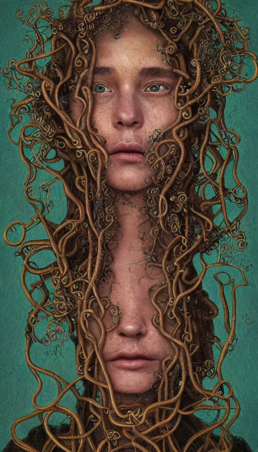 Image similar to very detailed portrait of a 2 0 years old girl surrounded by tentacles, the youg woman visage is blooming from fractal and vines, by dan witz