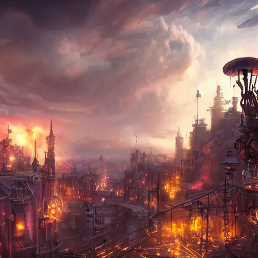 Prompt: a steampunk town in the clouds, robot, fire, ash, electricity lightning, furry, soft, concept art, sharp focus, intricate details, highly detailed, photorealistic, disney pixar, octane render, iridescent, anime, big field of view