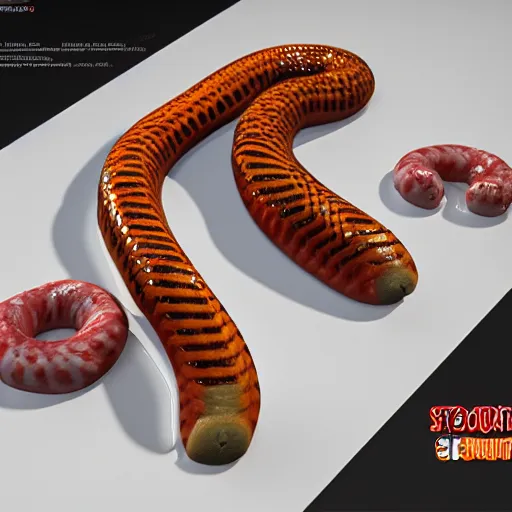 Image similar to photorealistic snake hotdog. hyperdetailed photorealism, 1 0 8 megapixels, amazing depth, high resolution, 3 d shading, 3 d finalrender, 3 d cinematic lighting, glowing rich colors, artstation concept art.