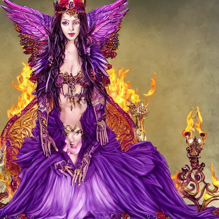 Prompt: Princess sorceress with red flaming bird wings on her back and sitting on an ornate throne dressed in a fancy long purple dress, beautiful realistic symmetrical defined face, Slight smile and open eyes, anatomically correct, Fantasy, Full Body Portrait, High detail, hyper realistic