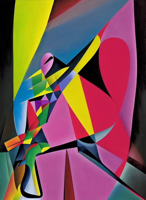 Prompt: A surreal neon painting of Zaha hadid 3d kandinsky house face portrait made of cubism futuristic picasso sculptures in 3 point perspective by Joan miro and Vladimir kush and dali and kandinsky, 3d, realistic shading, complimentary colors, vivid neon colors, aesthetically pleasing composition, masterpiece, 4k, 8k, ultra realistic, super realistic,