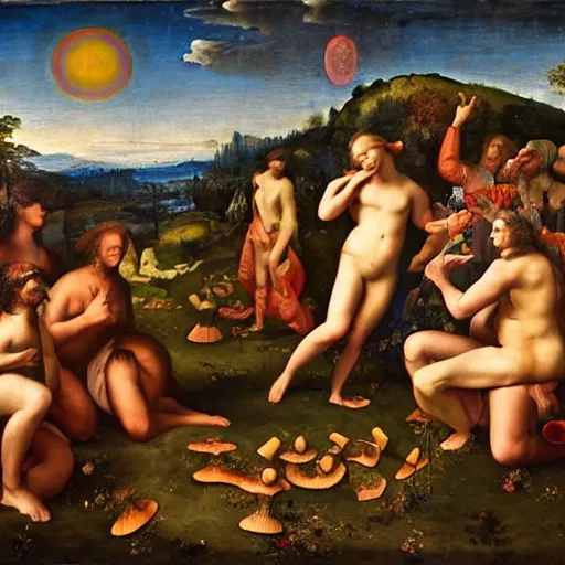 Image similar to Psychedelic Mushroom gathering, renaissance masterpiece