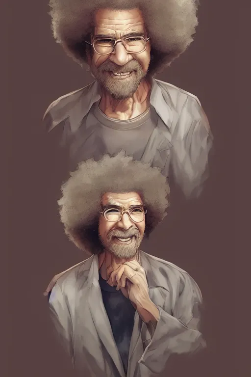 Image similar to An anime portrait of Bob Ross, by Stanley Artgerm Lau, WLOP, Rossdraws, James Jean, Andrei Riabovitchev, Marc Simonetti, and Sakimichan, tranding on artstation, SFW version