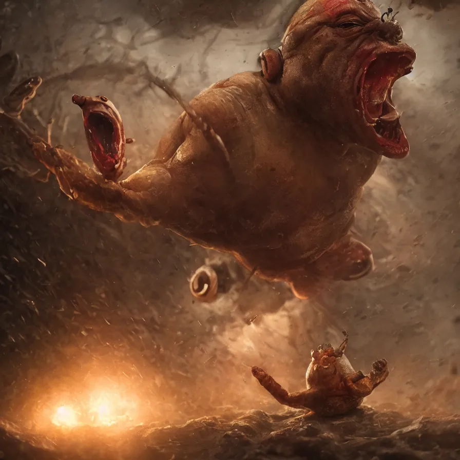 Image similar to an angry man shouting at a snail, photo realistic moody lighting, atmosphere, glow, detailed, intricate, full of colour, cinematic lighting, trending on artstation, 4 k, hyperrealistic, focused, extreme details, cinematic, masterpiece