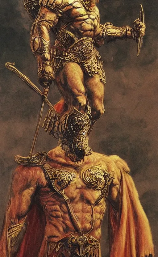 Image similar to hercules in lion ornamented armor, wearing cape, beksinski, hercules concept art, weta workshop concept art