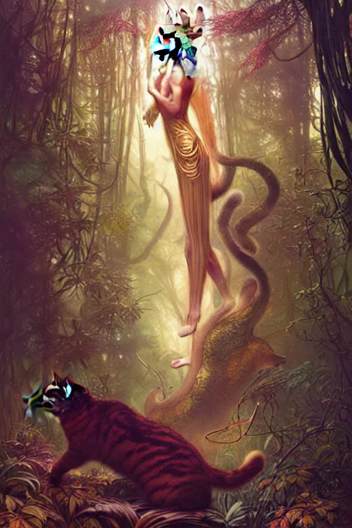 Image similar to gold cat god doing magic in the gnarly forest by Android Jones, tom bagshaw, mucha, karl kopinski