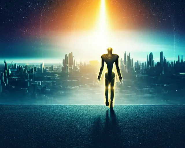 Image similar to closeup of an alien with no helmet wearing a long flowing cloth shirt over stylish large futuristic golden armor suit walking to a tall alien city with buildings and lights in the background, night sky with stars, light fog, beautiful colorful, incredible detail, anamorphic 2 0 mm lens flare