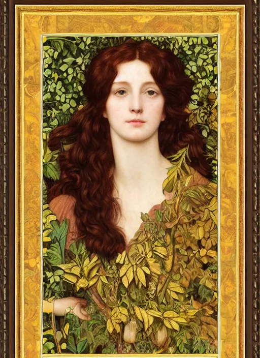 Prompt: masterpiece beautiful seductive flowing curves preraphaelite face portrait photography, extreme close up shot, straight bangs, thick set features, yellow ochre ornate medieval dress, laying amongst foliage mushroom forest circle arch, frederic leighton and kilian eng and rosetti and preraphaelites, william morris, framed, 4 k
