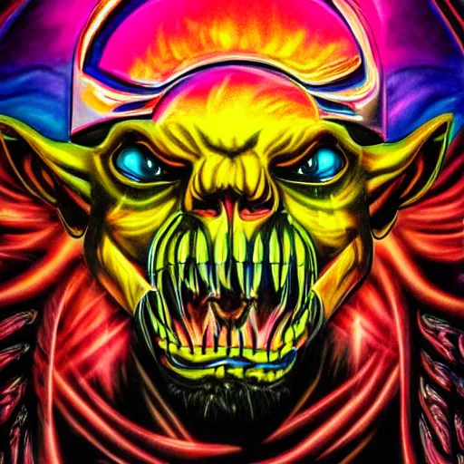 Prompt: psychedelic backlit airbrush artwork of a stylized orc biker