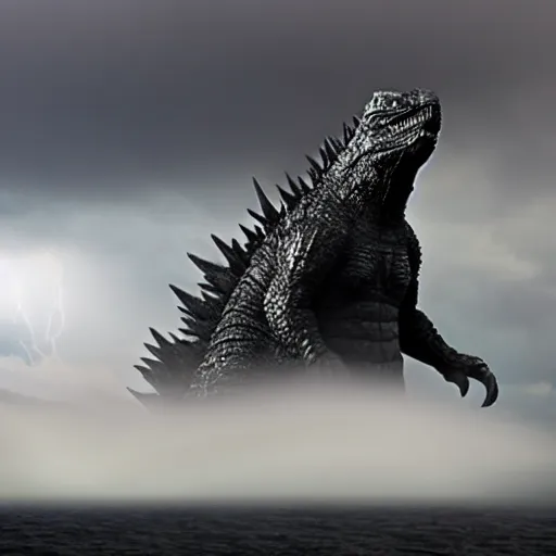 Prompt: godzilla rising from the ocean during thunderstorm lightning flashing - w 1 0 2 4 - h 1 0 2 4