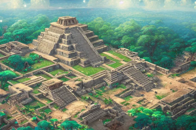 Prompt: A beautiful ultradetailed anime illustration of a ancient Palenque, mayan city by beeple, 2D Game Background, Side Scrolling, Seamless, Parallax by makoto shinkai, and thomas kinkade, anime art wallpaper 4k, trending on artstation