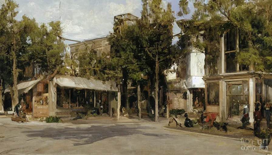 Image similar to artwork painting of the storefront front of a building by eugene von guerard, ivan shishkin, john singer sargent