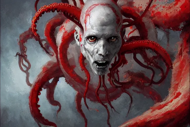 Prompt: painting by greg rutkowski of a flying human head and face that is chalk white in color, with tentacles coming of the neck, red eyes, flying in a terrying hell like cavernous place