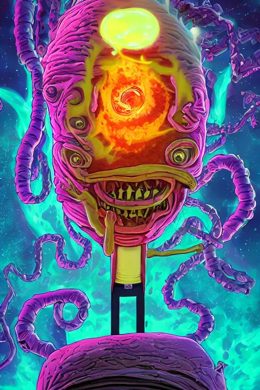 Image similar to rick and morty exploding head fused with a lovecraft fat space zombie wearing a exploding wig and a pirate patch, laser eye, photo, portrait, 3d, high details, intricate details, by vincent di fate, artgerm julie bell beeple, 90s, Smooth gradients, octane render, 8k, volumetric lightning, High contrast, duo tone, depth of field, very coherent symmetrical artwork