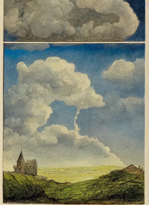 Image similar to sky split in 2, surrounded by light clouds, landscape, illustrated by peggy fortnum and beatrix potter and sir john tenniel