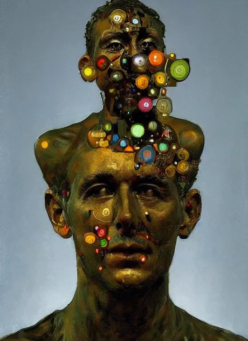 Image similar to a sculpture portrait made of material and electronic and molecules and atoms, painting part by wojciech siudmak, part by ilya repin, part by max ernst, part by norman rockwell, artstation