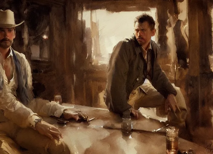 Prompt: oil watercolor painting of young rugged guy in western bar, shaven stubble, short hair, mysterious light, art by anders zorn, wonderful masterpiece by greg rutkowski, beautiful cinematic light, american romanticism by greg manchess, creation by tyler edlin