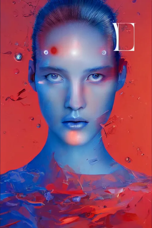 Prompt: 3 d, sci - fi, sun rays, sleepy fashion model face, blue faces aside, cinematic, vogue cover style, poster art, light red and deep blue mood, realistic painting, intricate oil painting, high detail, figurative art, multiple exposure, poster art, 3 d, by tooth wu and wlop and beeple and greg rutkowski