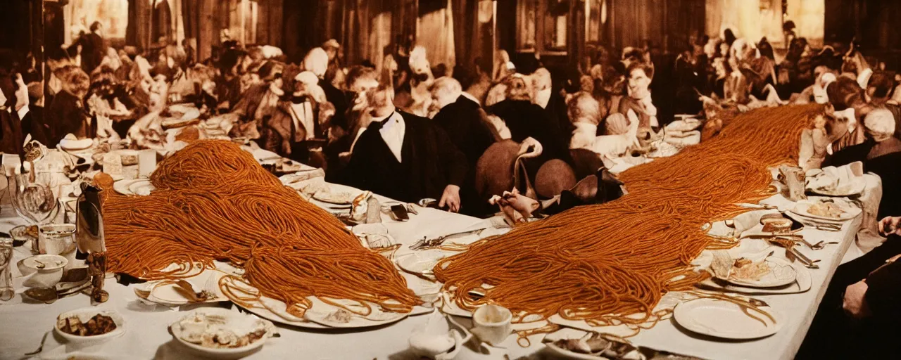 Image similar to a long banquet table covered in spaghetti, victorian era, ravenous guests, canon 5 0 mm, cinematic lighting, photography, retro, film, kodachrome, closeup