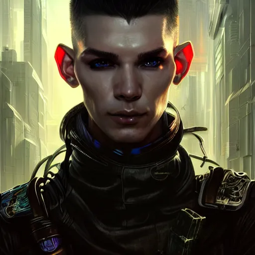 Image similar to portrait painting of a cyberpunk elf mercenary bill kaulitz, ultra realistic, concept art, intricate details, eerie, highly detailed, photorealistic, octane render, 8 k, unreal engine. art by artgerm and greg rutkowski and charlie bowater and magali villeneuve and alphonse mucha