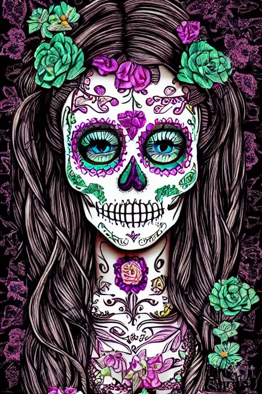Image similar to illustration of a sugar skull day of the dead girl, art by da vinci