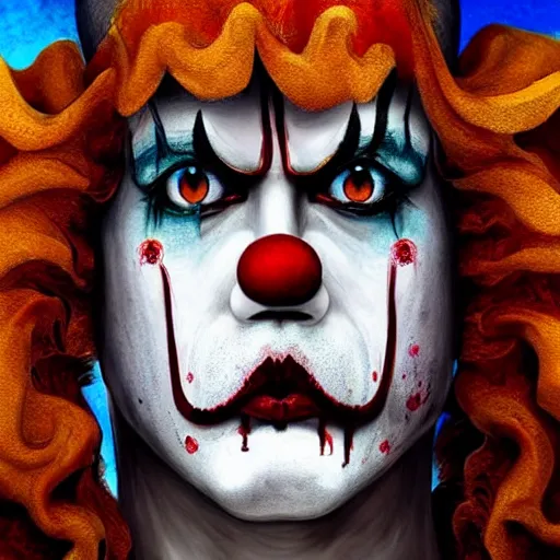 Image similar to 4K headshot of godlike clown with clown nose and defined arms and open hands and bloody clothes with giant mandala wings , intricate runny clown face make-up , flawless anime cel animation by Kentaro Miura, psychedelic , highly detailed upper body , professionally post-processed , beautiful, scary, symmetry accurate features, epic, octane rendered, anime masterpiece, accurate