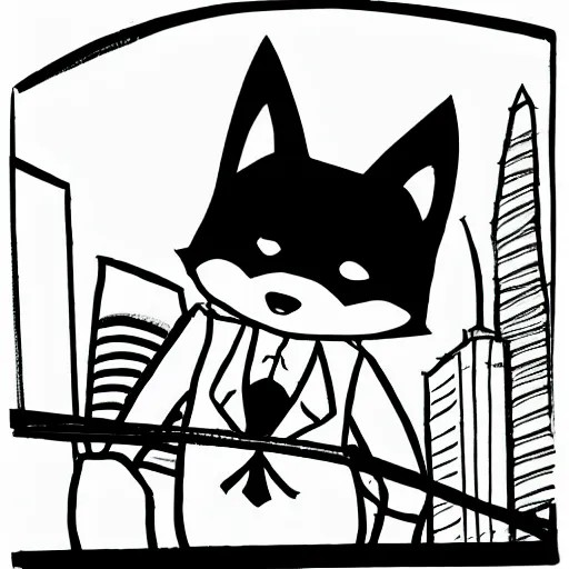 Image similar to anime ink line art of an anthropomorphic fox wearing a tuxedo as he stands on a city rooftop with a city in the background, black and white key manga visual