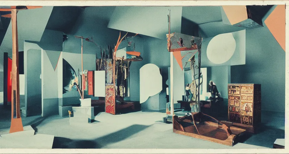 Prompt: An offset photography of an object on display, three colors, (((anthropology of wonder))), (exotic artifacts), bauhaus, colonial expedition, exhibition, 60s style