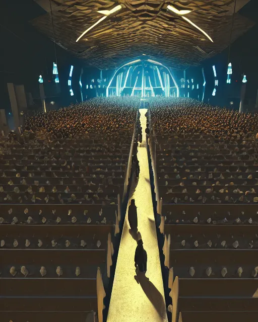 Prompt: unreal engine 5 render of a crowd in a futuristic church by craig mullins and ghibli, strong contrast, priest, pews, ethereal, inviting, bright, raking light, hyper realism, realistic shading, cinematic composition, blender render, octane render, hdr, detailed textures, photorealistic, wide shot