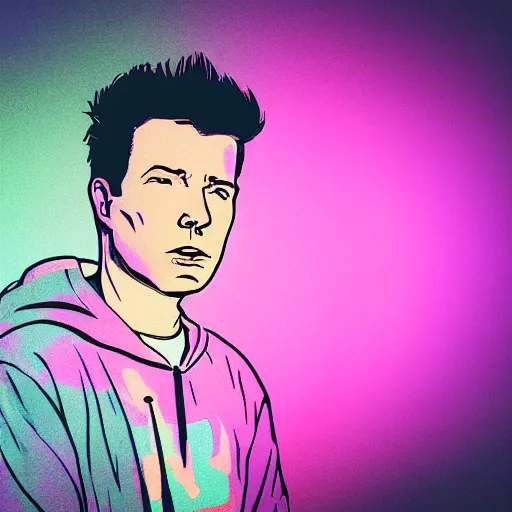 Image similar to vector rick astley in hoodie, portrait, vaporwave, synthwave, neon, vector graphics, cinematic, volumetric lighting, f 8 aperture, cinematic eastman 5 3 8 4 film