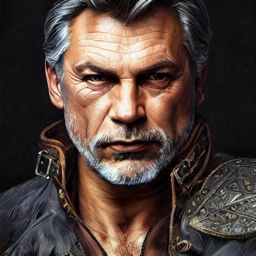 Prompt: portrait of a ruggedly handsome viktor orban, soft hair, muscular, half body, leather, hairy, d & d, fantasy, intricate, elegant, highly detailed, digital painting, artstation, concept art, smooth, sharp focus, illustration, art by artgerm and greg rutkowski and alphonse mucha