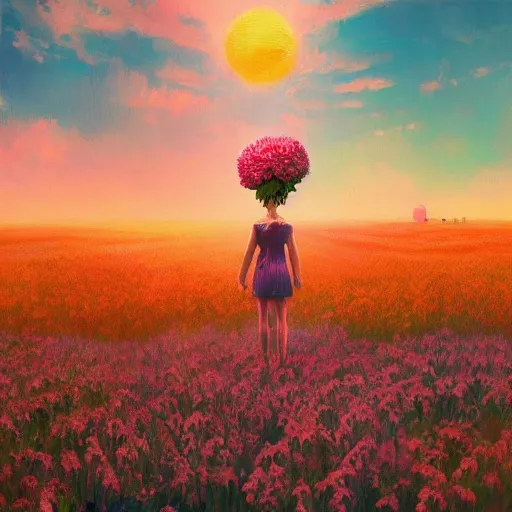 Image similar to girl with a giant carnation head, surreal photography, flower field, sunset dramatic light, impressionist painting, colorful clouds, blue sky, digital painting, artstation, simon stalenhag