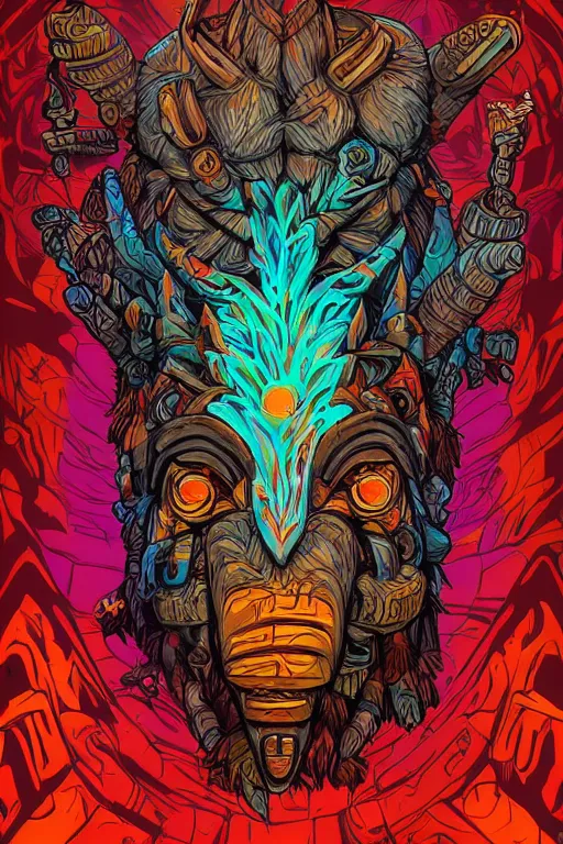 Image similar to totem animal tribal chaman vodoo mask feather gemstone plant wood rock video game illustration vivid color borderlands by josan gonzales and dan mumford radiating a glowing aura