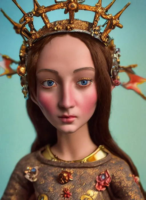 Prompt: closeup face profile portrait of tin toy joan of arc as a fairytale princess wearing a crown eating cakes, bikini, depth of field, zeiss lens, detailed, symmetrical, centered, fashion photoshoot, by nicoletta ceccoli, mark ryden, lostfish, breathtaking, 8 k resolution, extremely detailed, beautiful, establishing shot, artistic, hyperrealistic, octane render