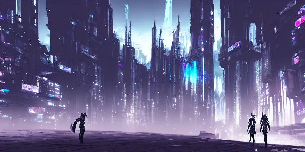 Image similar to Ishgard in a cyberpunk setting, futuristic