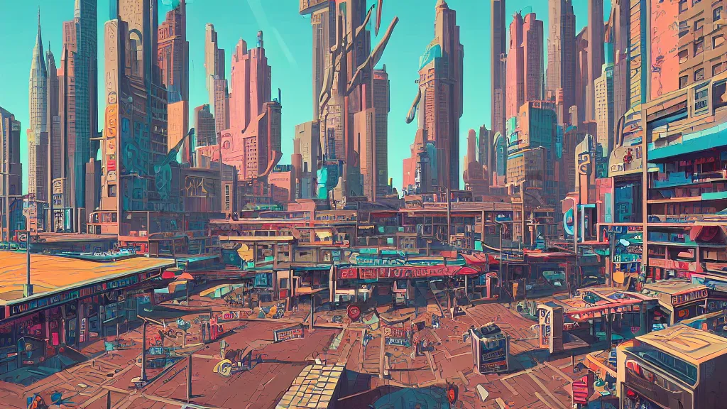 Image similar to street level view of empty plaza in retro robot city at the other side of nowhere, sharp digital painting. retrofuturism. concept art. artstation. casey weldon. digital render. dan mumford.