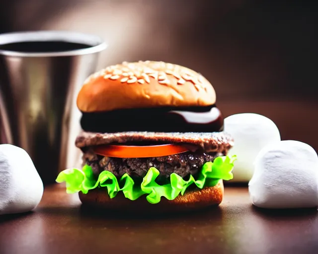 Image similar to dslr food photograph of burger with a few marshmallows in it, some chocolate sauce, 8 5 mm f 1. 4