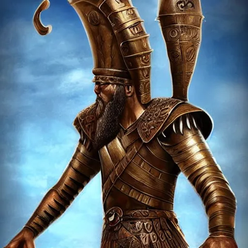 Image similar to a tall giant with arms that dangle all the way down to his feet, he is wearing a bronze chest plate and a Viking helmet. Epic digital art