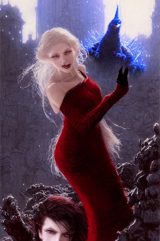 Image similar to beautiful vampire with red eyes and long red hair in a white woolen turtleneck dress, pointing at a small blue godzilla portrait dnd, painting by gaston bussiere, craig mullins, greg rutkowski, yoji shinkawa