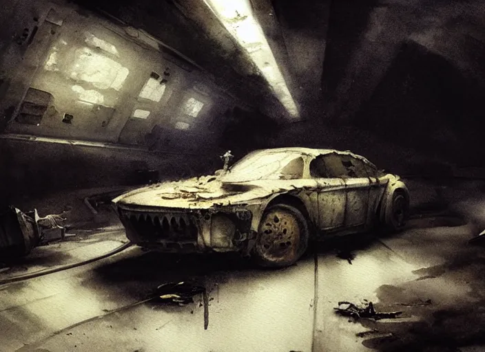 Prompt: extremely dark, horror watercolor painting abandoned space ship interior, haunting, warning lights, hazard stripes, gritty, dirty, dust, art by anders zorn, wonderful masterpiece by greg rutkowski, cinematic light, american romanticism by greg manchess, creation by tyler edlin