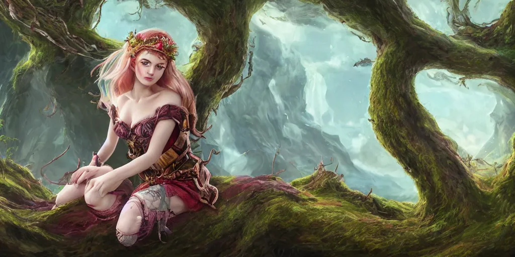 Prompt: alluring highly-res photo an attractive young elf woman (with a face of iceland young lady) sitting on top of giant tree in her tree city, clothed in a chesty fantasy outfit, intricate, elegant, highly detailed, digital painting, trending on Artstation, concept art, smooth, sharp focus, colorful, illustration, in the style of artgerm and greg rutkowski and alphonse mucha
