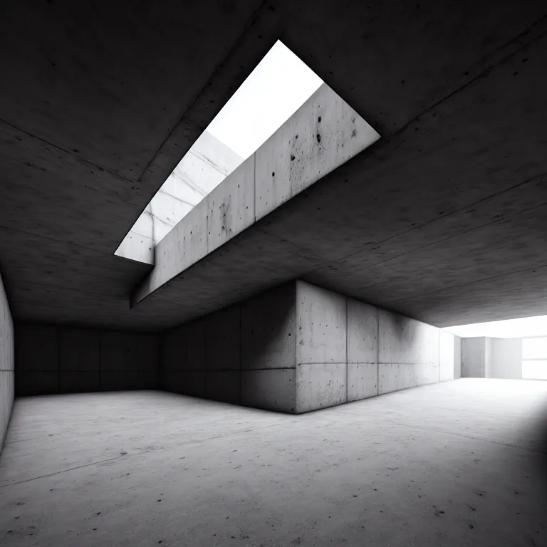 Image similar to Concrete huge dark-gray multi-layered underground structure with multiple floors and a plus-shaped cleft in the center. Inside view, straight lines, corners, high detailed, details, ultra realistic, photorealism, 8k, doorways, wide shot, symmetrical, brutalism, ray of light, architecture, volumetric lighting, cinematic, shadows