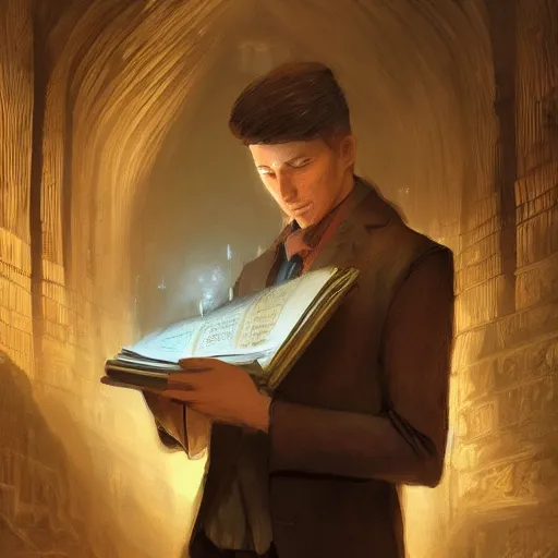 Image similar to My Favorite Portrait of a lawyer genius academician wearing a grimoire in his holding hand whilst wearing a vest of scholarship Greg Rutkowski Marc Simonetti Anato finnstark Brooklyn New York Hidden Stairway Hidden Alcove Visible Alleyway 4k Artstation Background Wallpaper 1080p