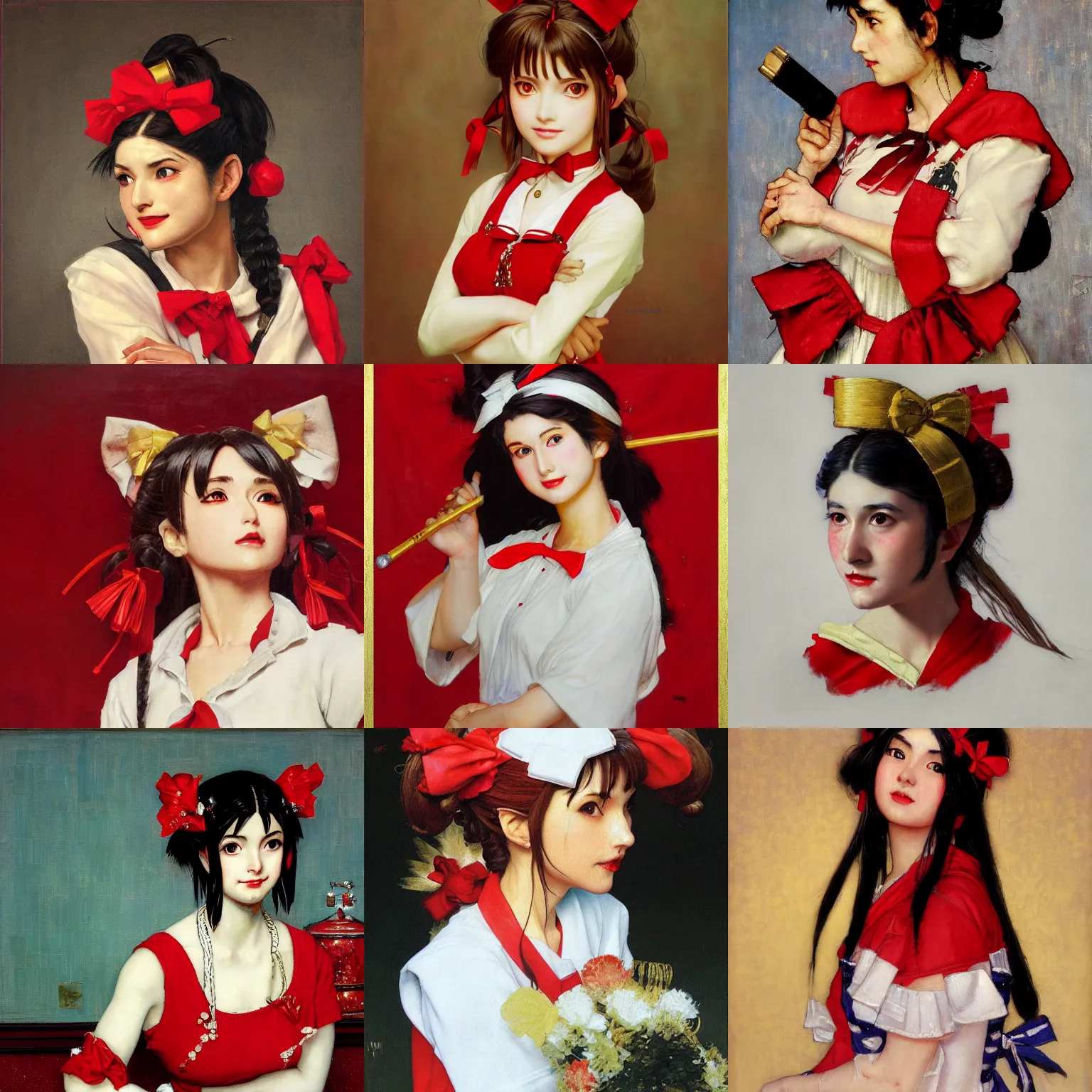 Prompt: a masterpiece portrait painting of reimu hakurei, by norman rockwell, marble, gold, 4 k, 8 k, ultra realistic, hyperrealistic, extreme details, unreal engine 5