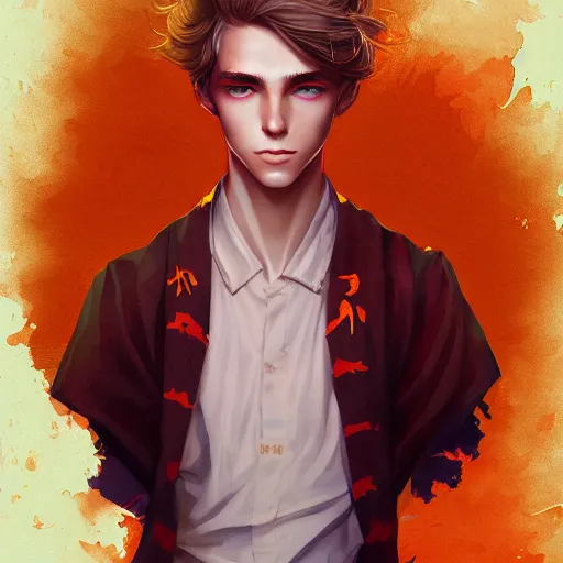 Image similar to colorful Captivating teenage boy with brown blond hair and thin facial structure, brown eyes with red eye markers, slim body, wearing a detailed Japanese kimono with golden details, atmospheric lighting, painted, intricate, 4k, highly detailed by Charlie Bowater