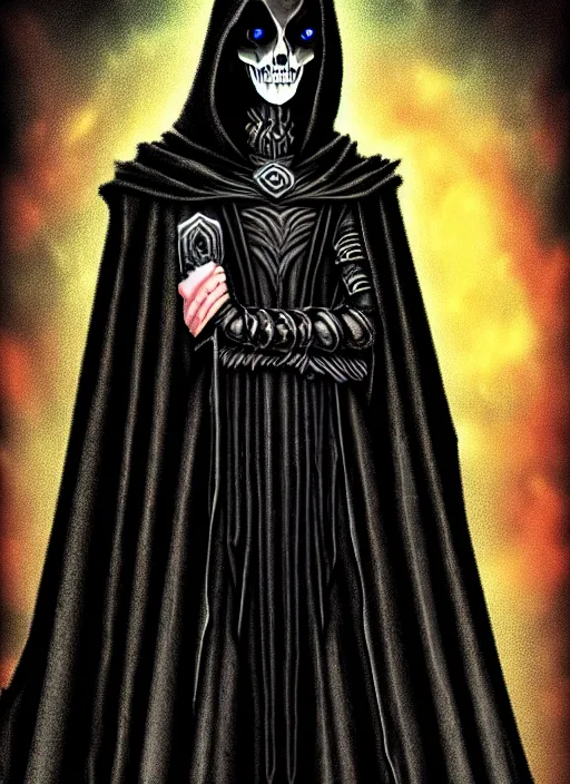 Image similar to ultradetailed artwork of the necromancer, wearing a black cloak, crisp