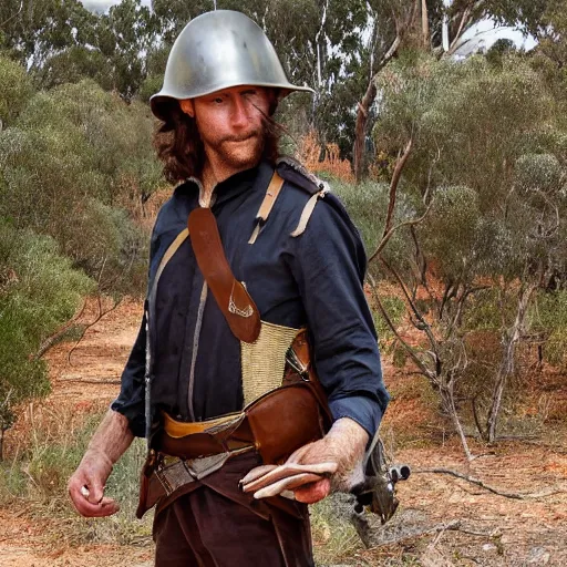 Image similar to australian bushranger wearing metal helmet, award winning epic action photography in rich colors