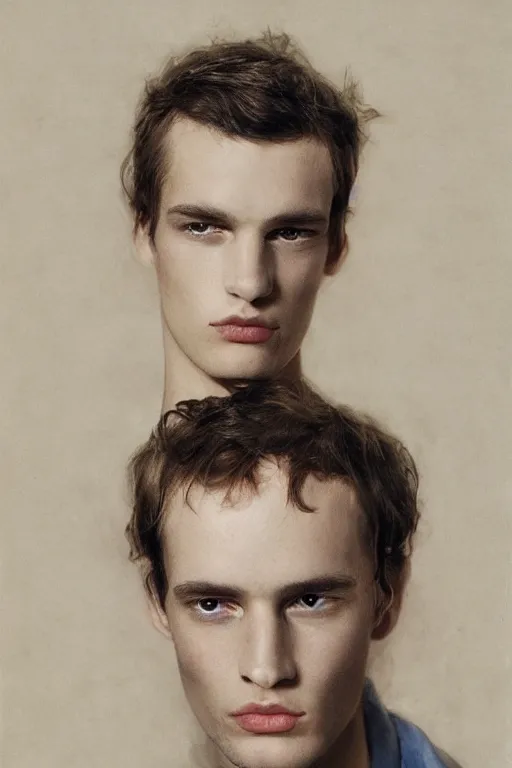 Image similar to realistic portrait of a beautiful male model, in style of Tim Walker