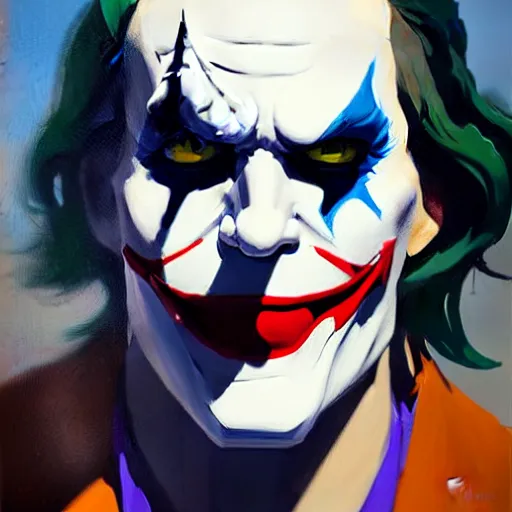 Image similar to Greg Manchess portrait painting of The Joker as Overwatch character, medium shot, asymmetrical, profile picture, Organic Painting, sunny day, Matte Painting, bold shapes, hard edges, street art, trending on artstation, by Huang Guangjian and Gil Elvgren and Sachin Teng