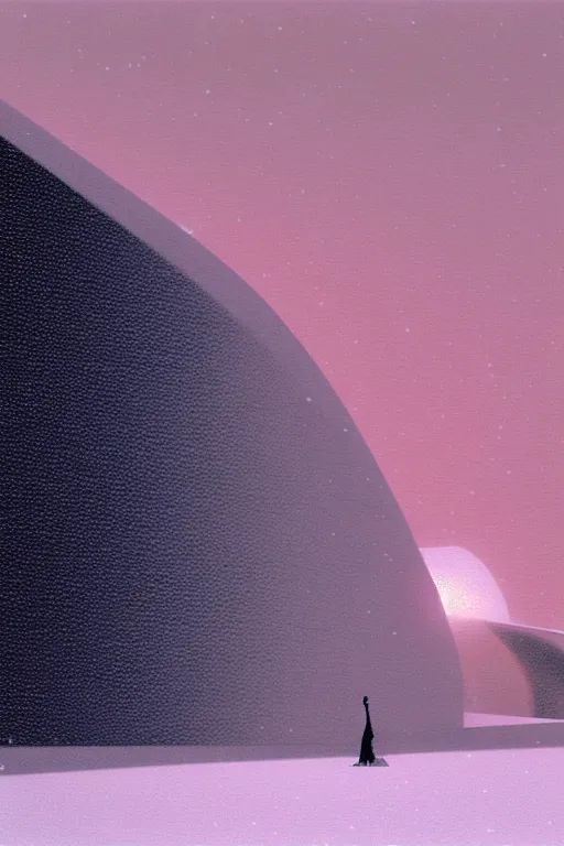 Image similar to emissary space by arthur haas and bruce pennington and john schoenherr, photo realism, cinematic matte painting, zaha hadid building in the mountains with falling snow, monochrome color palate, pink sunset,